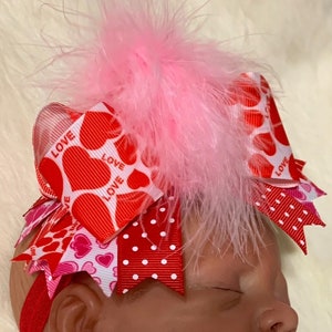 Valentine Hair Bow, Feather Hair Bow ,Valentine’s Day Hair Bow, Valentine Over The Top Hair Bow, Red Pink Valentine Hair Bow