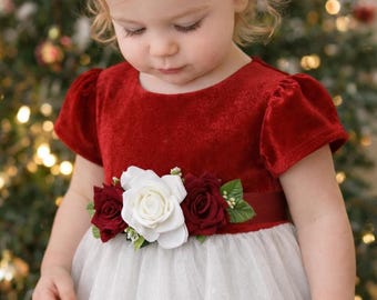 Faja para niña de las flores color burdeos: cinturón floral navideño; faja para niña pequeña