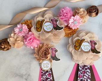 Cowgirl Baby Shower Maternity Sash Girl  Western theme Mom and Dad Pins