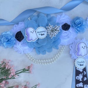 Ghost Baby Shower Sash Dusty Blue Ghost Maternity  Sash and Corsage Spooky Baby Pin Halloween Baby Shower Boy Mom To be Baby Shower