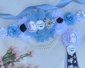 Ghost Baby Shower Schärpe & Corsage: Spooky Maternity, Dusty Blue