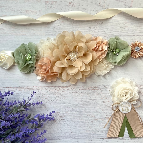 Tan Green Ivory Boho Greenery Baby Shower Sash ,Greenery Maternity Sash ,Pampas Grass Baby Shower ,Pregnancy Sash ,Mommy to be Sash