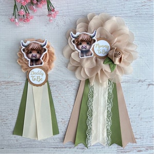 Highland Cow Baby Shower Corsage Boho Cow Baby Shower Pin Baby Shower Boy Mommy Ribbon Baby Shower Pin Daddy and Mommy Pins Mommy Corsage