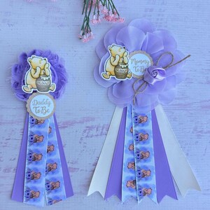 Classic Pooh Baby Shower Corsage Purple  Classic Pooh Baby Shower Pins Mom Dad Pins  Mommy Ribbon Family Pins Classic Pooh Baby Shower Girl