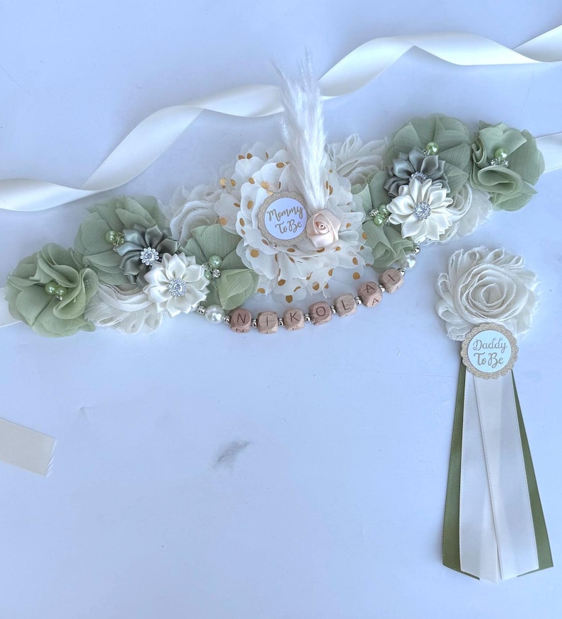 Boho Baby Shower Graviditetsband, Mamma Pappa och Familjenålar: Välj färg Grön