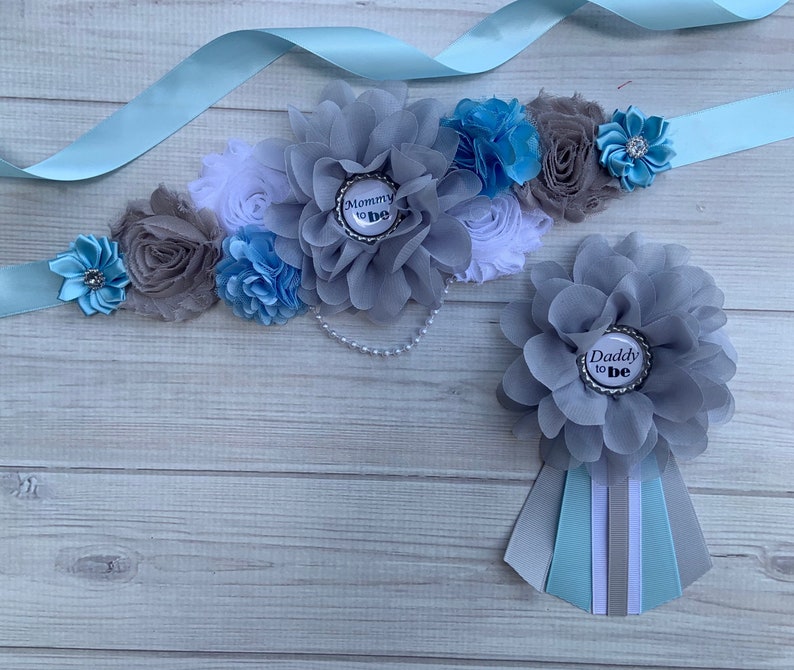 Blue Gray White Maternity Sash Boy Pregnancy Sash Baby Shower Etsy
