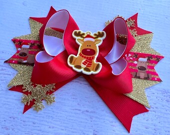 Reindeer Hair Bow Christmas Hair Bow Reindeer Hair Clip  Holiday Hair Bows Reindeer Hair Bow Red and Gold Reindeer Hair Bow