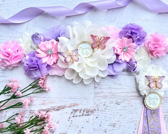 Butterfly Baby Shower Sash Girl , Pink Purple Maternity Sash ,Mommy Daddy To be Corsage