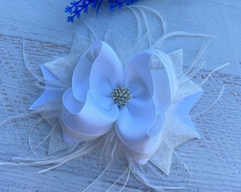 White Over the Top Hair Bow , Over The Top Hair  Bow , Over The Top Ostrich Feather Hair Bow , OTT Hair Bow , White Hair Bow