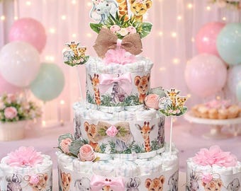 Safari Baby Shower Diaper Cakes Set: Jungle Animals Centerpieces