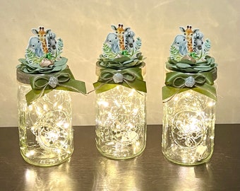 Safari Baby Shower Centerpiece Mason Jar Baby Shower Decoration With Fairy Lights Set of 3 Safari Centerpiece Shower Decoration Choose Color