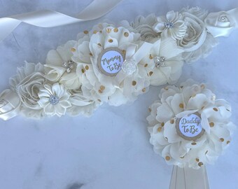 Szarfa ciążowa na baby shower w kolorze kości słoniowej/kremowym: Korsarze neutralne płciowo