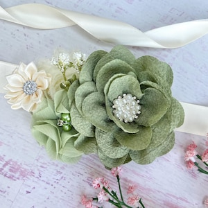 Cream and Sage Green Girl Sash ,Flower Girl Sash , Toddler Flower Sash Belt ,Ivory Green Sash Belt for Girls , Bridal Sash , Bridesmaid Sash