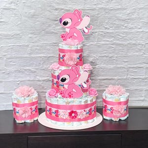 Stitch Angel Diaper Cake Girl Set Of 3 Diaper Cake Stitch Baby Shower Centerpieces Baby Shower Decoration Baby Shower Gift Lilo Stitch Theme