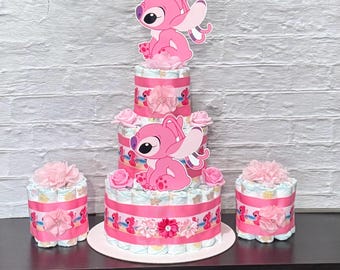 Stitch Angel Diaper Cake Girl Set Of 3 Diaper Cake Stitch Baby Shower Centerpieces Baby Shower Decoration Baby Shower Gift Lilo Stitch Theme