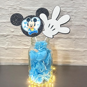 Mickey Mouse Baby Shower Centerpiece with Fairy Lights, Mason Jar Baby Shower Decoration, Baby Mickey Mouse Party Decor Birthday Centerpiece