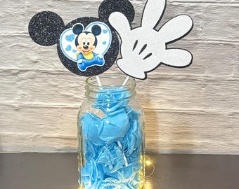 Mickey Mouse Baby Shower Centerpiece with Fairy Lights, Mason Jar Baby Shower Decoration, Baby Mickey Mouse Party Decor Birthday Centerpiece