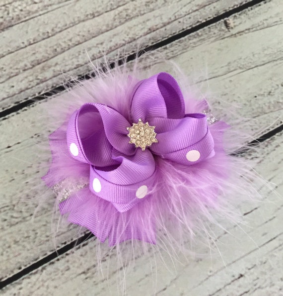Handmade 4/" Lavender// Silver And Feather Stacked Boutique Hair Bows