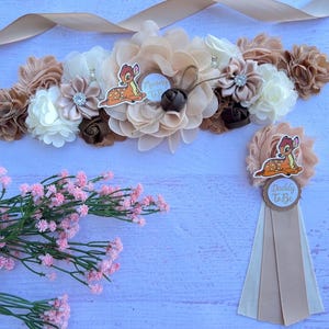 Deer Baby Shower Sash ,Mommy and Daddy to be Pins , Maternity Sash, Woodland Corsage Brown