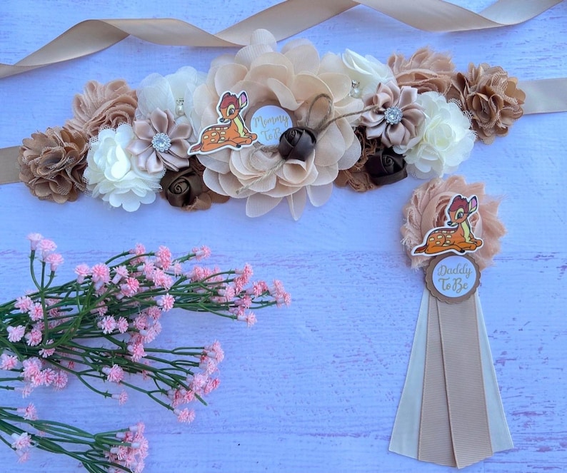 Deer Baby Shower Sash ,Mommy and Daddy to be Pins , Maternity Sash, Woodland Corsage Brown