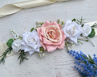 Blush Pink Flower Wedding Belt Bridal Belt Wedding Sash Flower Bridal Belt Floral Bridal Sash White Blush Pink Flower Wedding Sash Belt