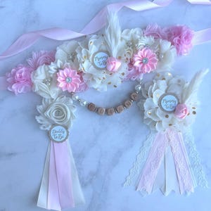 Boho Baby Shower Graviditetsband, Mamma Pappa och Familjenålar: Välj färg Rosa