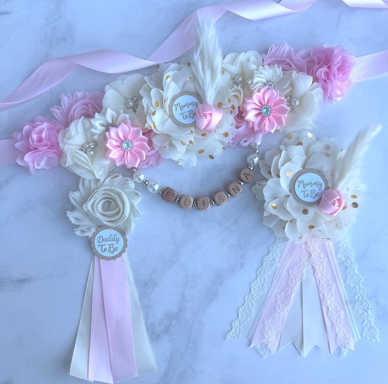 Boho Baby Shower Graviditetsband, Mamma Pappa och Familjenålar: Välj färg Rosa