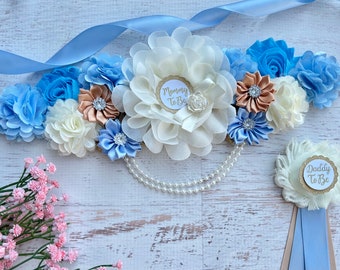 Blaue Boho Baby Shower Schärpe, Boho Baby Shower Boy, Boho Mutterschaft Schärpe, Baby Bump Schärpe, Mama zu sein, Boho Mutterschaft Gürtel