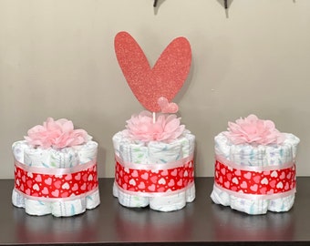 Valentine's day Baby Shower Diaper Cakes, Set of 3 Mini Diaper Cake Baby Girl ,Baby Shower Gift, Valentine Baby Shower Decor , Centerpieces