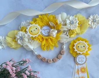 Sunshine Baby Shower Sash Here Comes The Sun Sunshine Maternity Sash Summer Baby Shower, Pregnancy sash Baby Shower Pin Gender Neutral