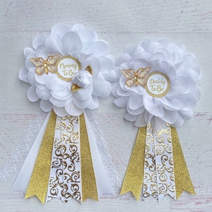 Butterfly Baby Shower Corsage,White Gold Butterfly Baby Shower Pin, Mommy To Be Pin, Mommy Ribbon, Mommy Corsage ,Gender Neutral Baby Shower