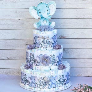 Elephant Diaper Cake ,Elephant Baby Shower ,3 tier Diaper Cake, Baby Shower Gift, Baby Shower Decoration, Table Centerpiece, Gender Neutral