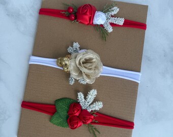 Christmas Baby Headband: Holly Berry Hair Bow, Gold & Red