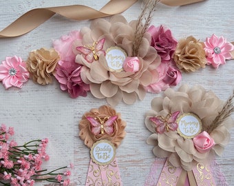 Boho Purple /Pink Butterfly Baby Shower Maternity Sash Girl Mommy Daddy and Family Pins
