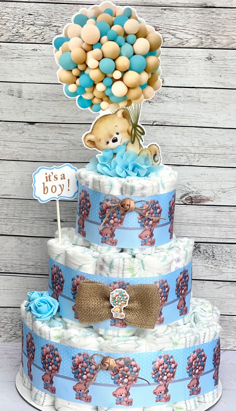 Teddy Bear Hot Air Balloon Diaper Cake Boy or Girl, Pink or Blue Teddy ...