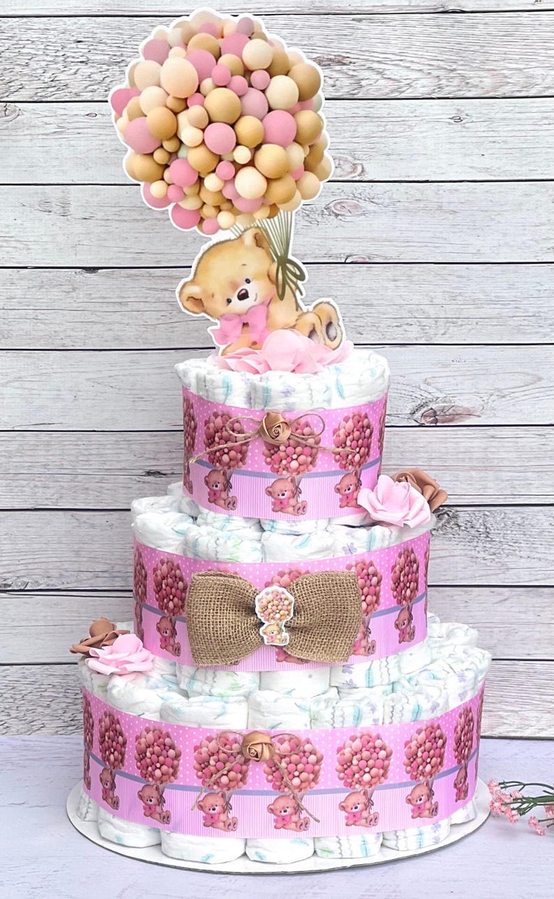 Teddy Bear Hot Air Balloon Diaper Cake Boy or Girl, Pink or Blue Teddy ...