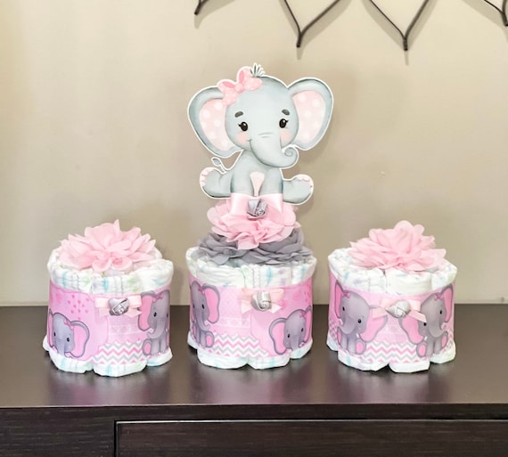 Elephant Baby Shower Diaper Cake Girl Set of 3 Elephant Baby Shower Centerpiece Elephant Baby Shower Decoration Table Centerpiece Decoration Etsy