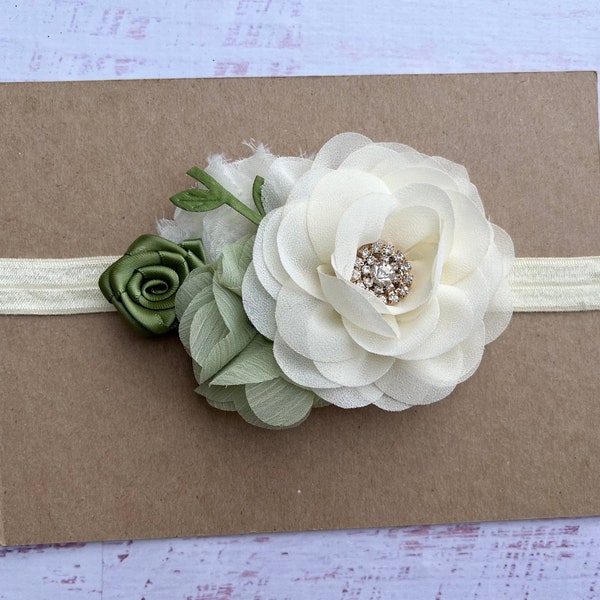 Ivory Sage Green Headband ,Greenery Headband ,Baby Toddler Headband, Girl Headband,  ,Flower Girl Headband