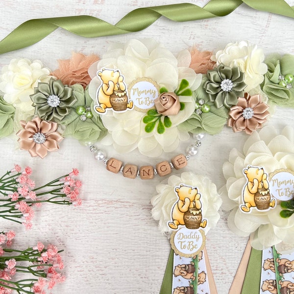 Classic Pooh Baby Shower Sash Classic Pooh Maternity Belt Winnie the Pooh Baby Shower  Mommy To Be Sash Pregnancy Sash Sage Green Pooh Sash