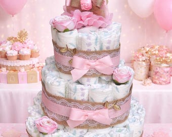 Teddy Bear Diaper Cake Girl , Baby Shower Centerpiece