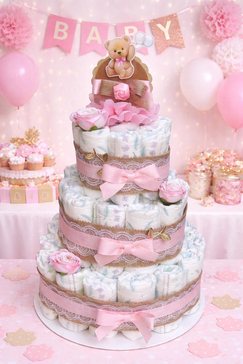 Teddy Bear Diaper Cake Girl , Baby Shower Centerpiece - Etsy