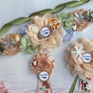 Winter Woodland Baby Shower Sash ,Woodland Maternity Sash, Pregnancy Sash ,Mom & Dad Pins ,Baby Shower Corsages