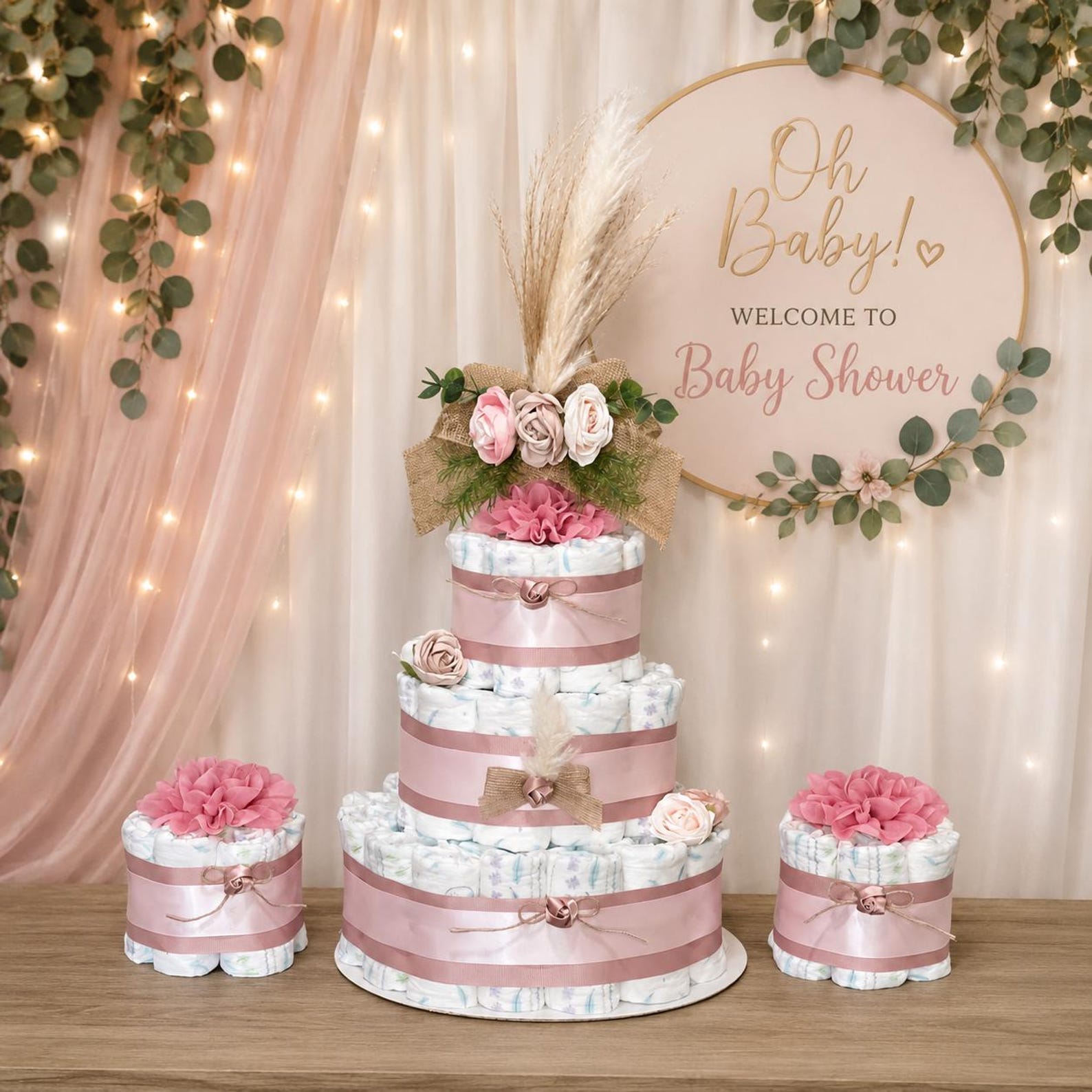 Pink Boho Diaper Cake Set, Girl Baby Shower Centerpiece - Etsy