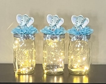 Elephant Baby Shower Centerpieces Mason Jar Baby Shower Decoration With Fairy Lights Set of 3 Elephant Centerpiece Choose Color Shower Decor