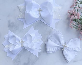 White Cross Hair Bow, Baptism Christening First Communion Ribbon Accessory