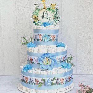 Safari Diaper Cake Boy Jungle Safari Baby Shower Boy Table Centerpieces Baby Shower Gift Baby Shower Decoration 3 tier Diaper Cake