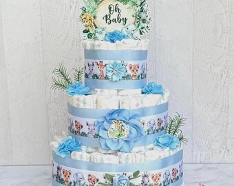 Safari Diaper Cake Boy Jungle Safari Baby Shower Boy Table Centerpieces Baby Shower Gift Baby Shower Decoration 3 tier Diaper Cake