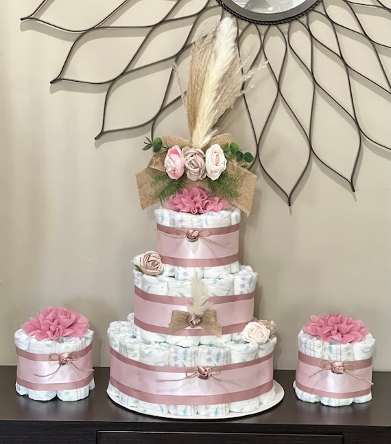 Pink Boho Baby Shower Diaper Cake Girl Set of Boho Pampas Grass