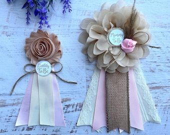 Boho Baby Shower Corsages , Pink or Blue Boho Baby Shower , Mommy to be Ribbon, Mommy To be Pin ,Mommy Corsage ,Baby Shower Pins