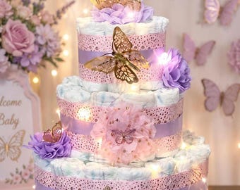 Butterfly Diaper Cake with Fairy Lights, Baby Shower Centerpiece